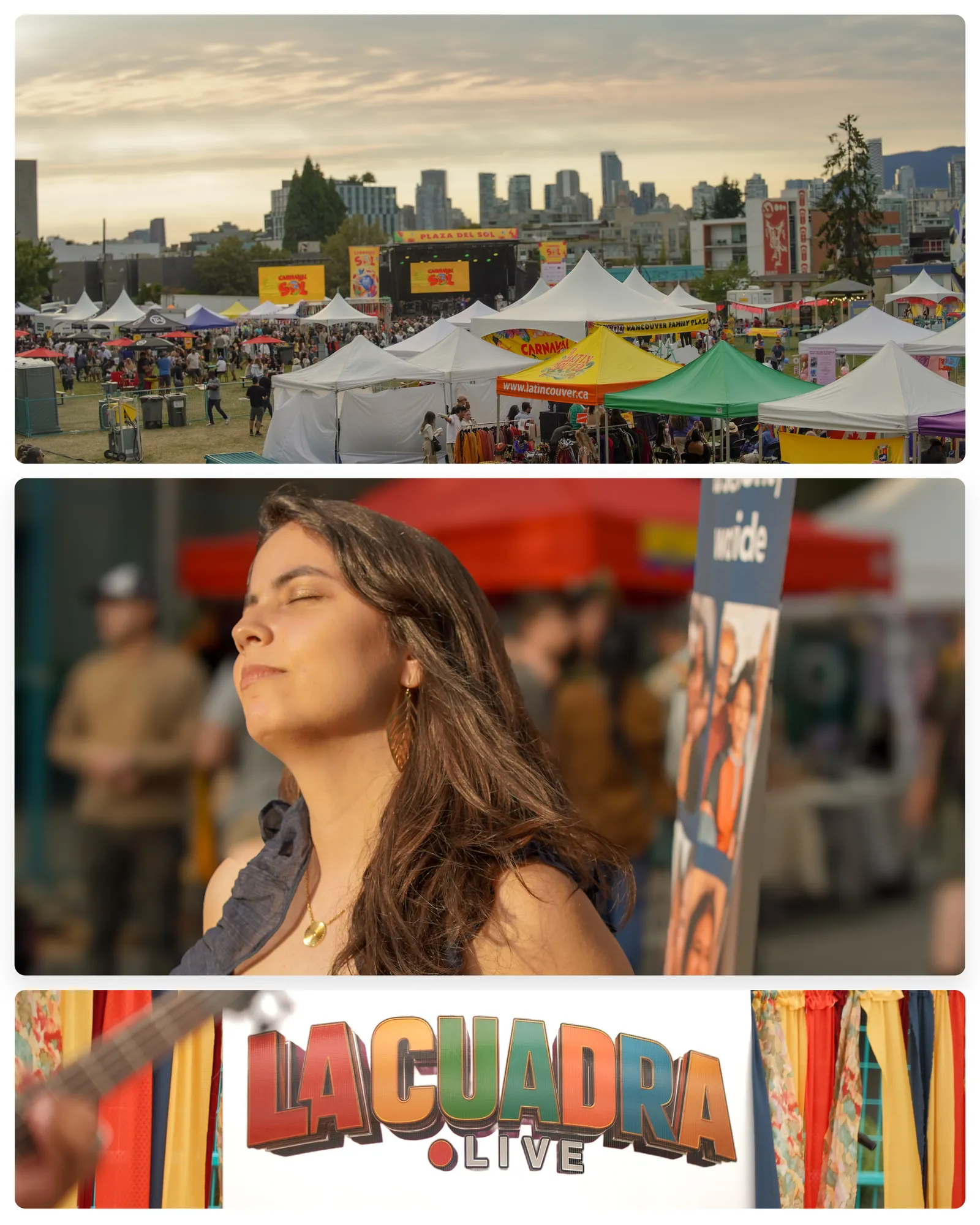 The Carnaval del Sol festival with the Vancouver skyline, Ani enjoying the music, and the La Cuadra Live stage