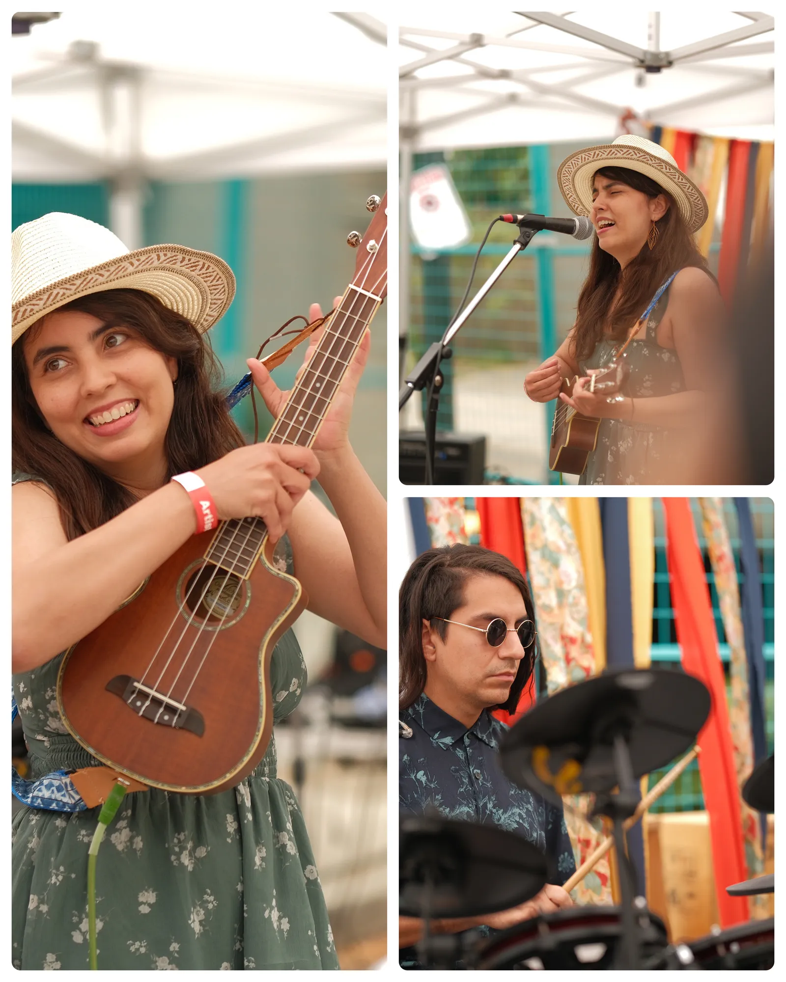 Ani smiling with her ukulele and singing on the La Cuadra Live stage, with her drummer