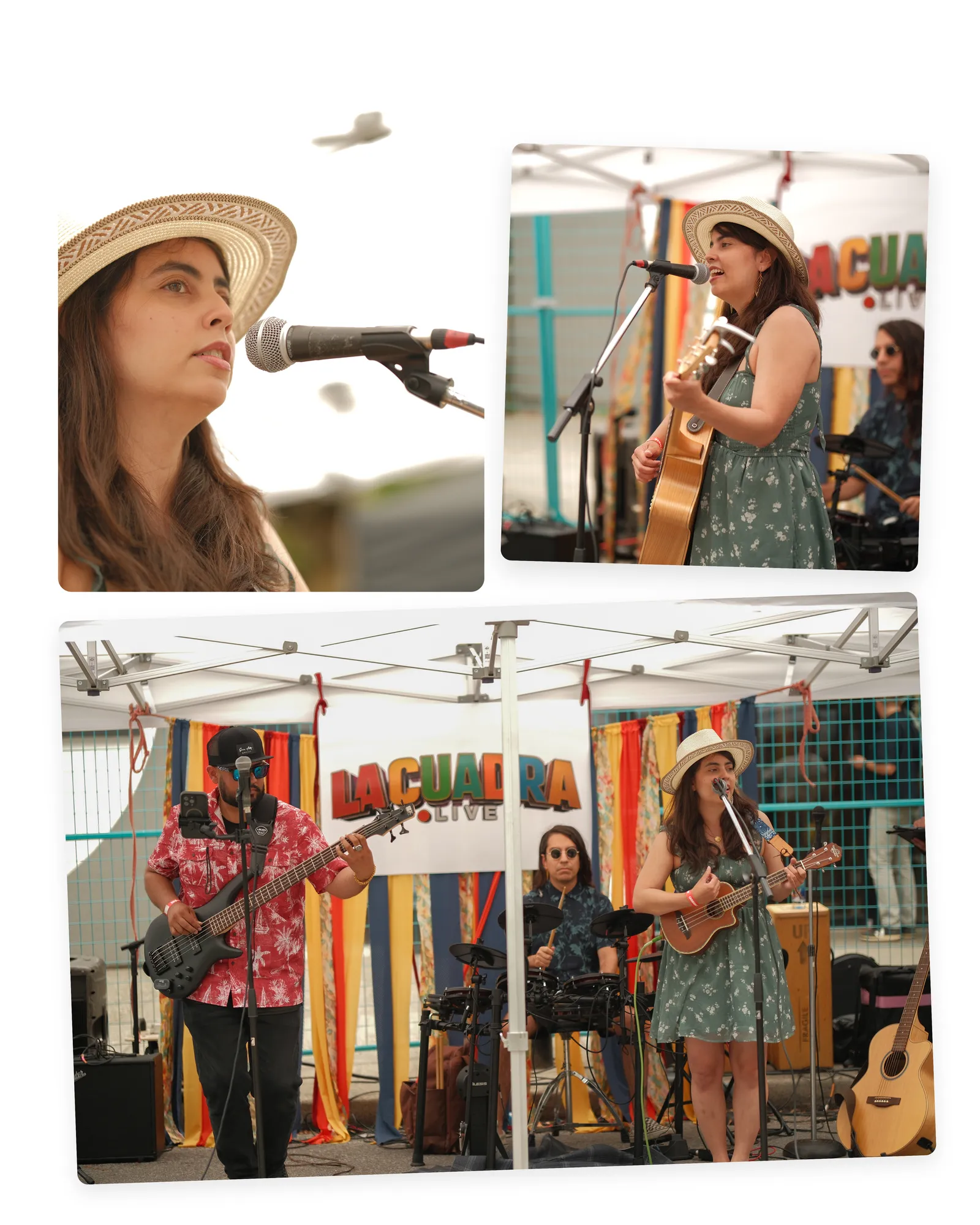 Ani singing at the microphone and performing with her band at Carnaval del Sol